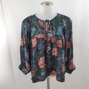 Astr Top S Sheer Floral Keyhole Black Red Blue Long Sleeve Oversized Dolman